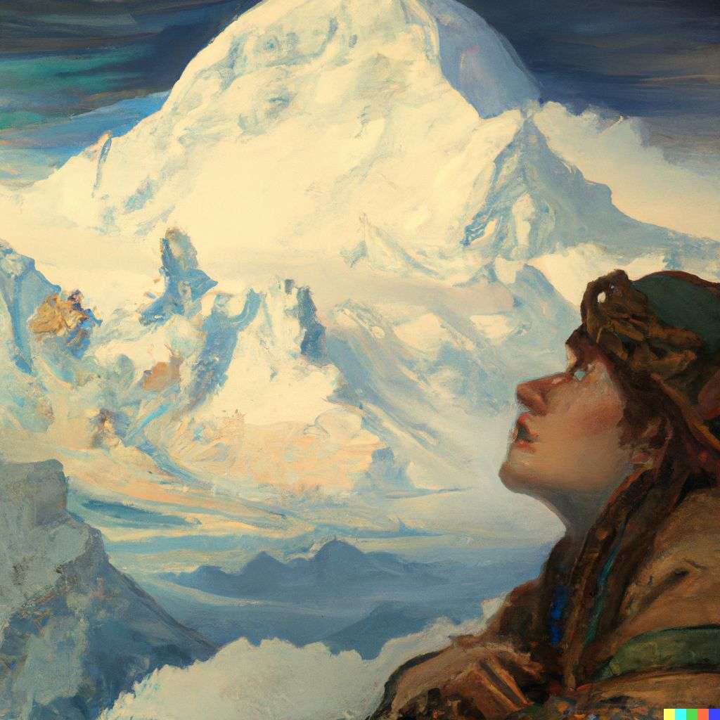 someone gazing at Mount Everest, painting by Alphonse Mucha